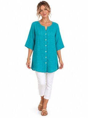 Soft Surroundings Button Up Crepe Linen Tunic PM Turquoise Stretch Resort Travel